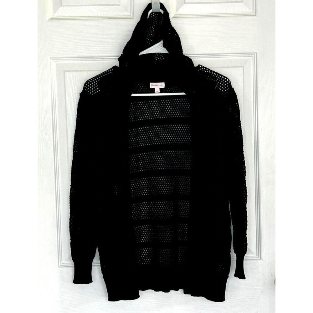 Design History Open Crochet Hooded Cardigan sz L Pockets Black Grannycore